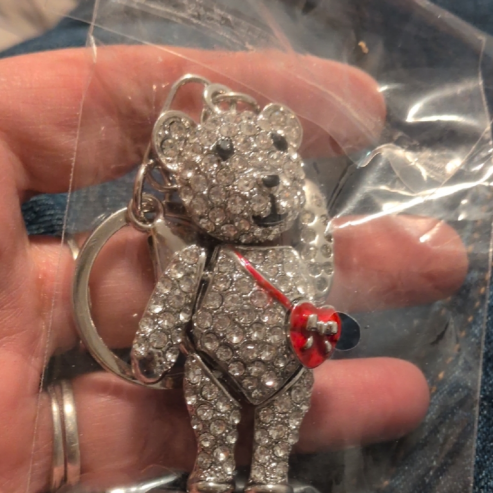 Crystal Bear Keychain Bag Charm  with Red Heart Purse